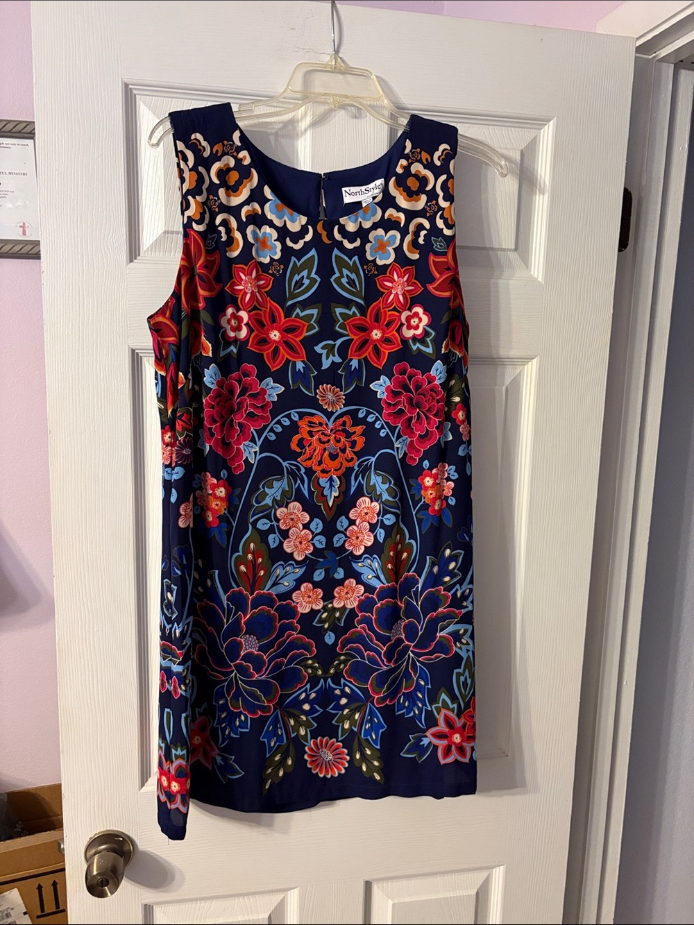 NorthStyle Navy Floral Sleeveless Shift Dress with Red & Pink Accents